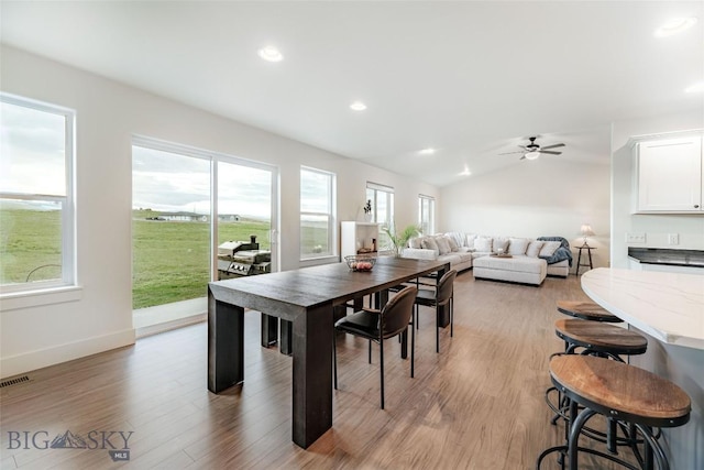 dining area featuring a healthy amount of sunlight, vaulted ceiling, and light wood-type flooring