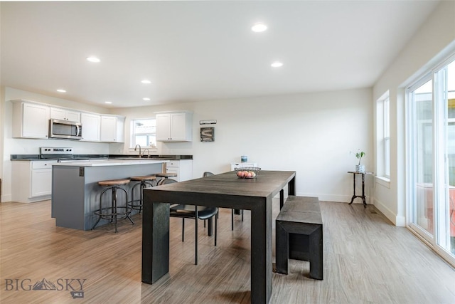 dining area with sink and light hardwood / wood-style flooring