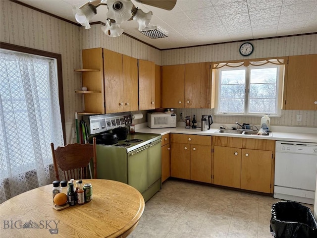 kitchen featuring white appliances, ceiling fan, and sink