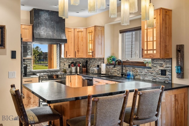 kitchen featuring tasteful backsplash, a breakfast bar, custom range hood, stainless steel appliances, and sink