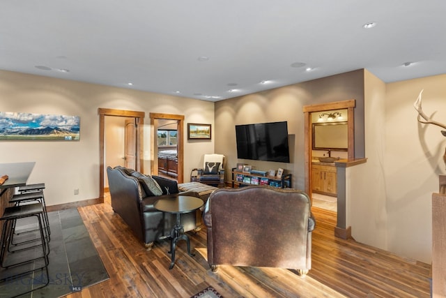 living room with dark wood-type flooring