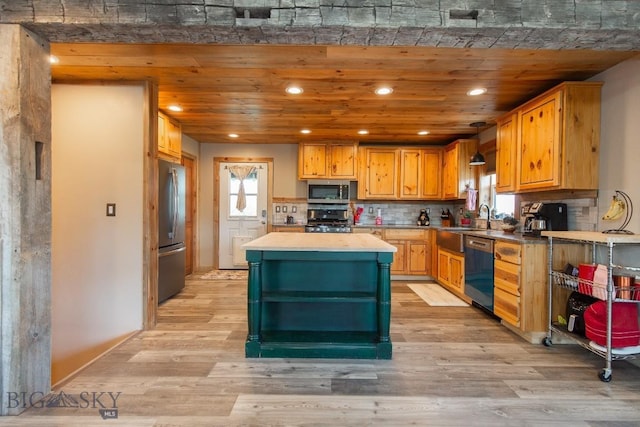 kitchen featuring decorative backsplash, light hardwood / wood-style floors, stainless steel appliances, and wood ceiling