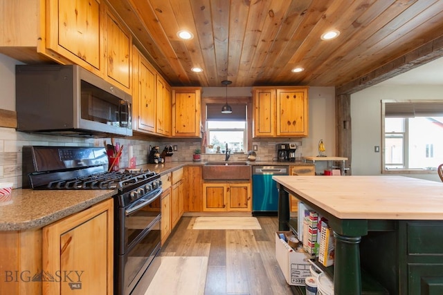 kitchen featuring wood counters, appliances with stainless steel finishes, light wood-type flooring, sink, and hanging light fixtures