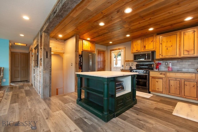 kitchen featuring wooden ceiling, backsplash, light hardwood / wood-style flooring, a kitchen island, and stainless steel appliances