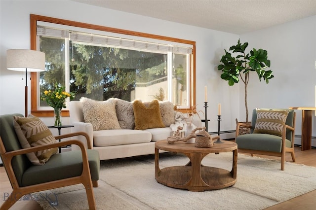 sitting room featuring a textured ceiling, light hardwood / wood-style floors, and baseboard heating