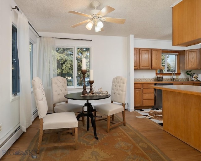 dining space featuring a textured ceiling, light wood-type flooring, baseboard heating, and a wealth of natural light