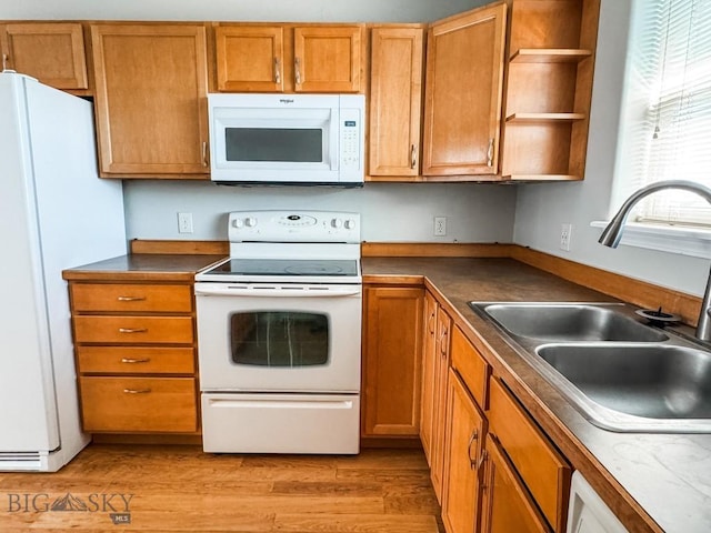 kitchen featuring sink, white appliances, and light wood-type flooring