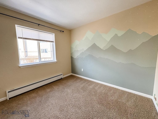 unfurnished room featuring carpet and baseboard heating