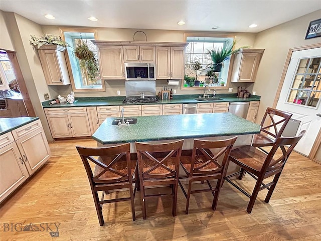 kitchen featuring appliances with stainless steel finishes, light brown cabinets, light hardwood / wood-style floors, and sink