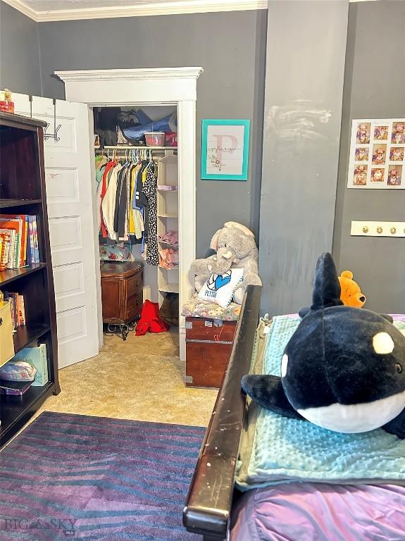 bedroom featuring carpet floors, crown molding, and a closet