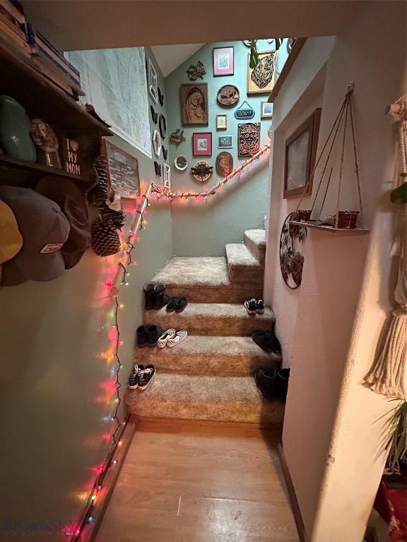 stairway featuring wood-type flooring