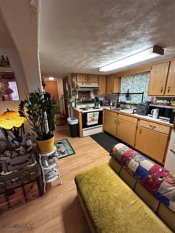 kitchen featuring a textured ceiling, light hardwood / wood-style flooring, and electric stove