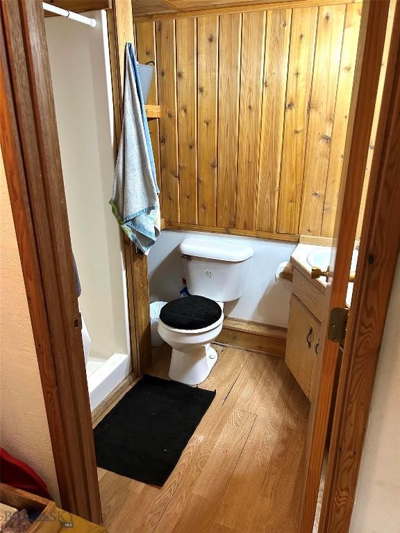 bathroom with toilet, vanity, and hardwood / wood-style flooring