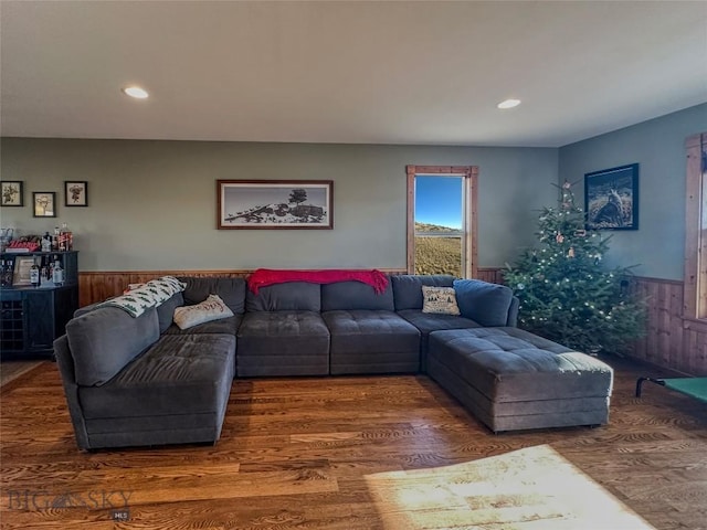 living room with dark hardwood / wood-style flooring