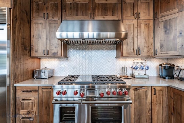 kitchen with premium appliances, range hood, and tasteful backsplash