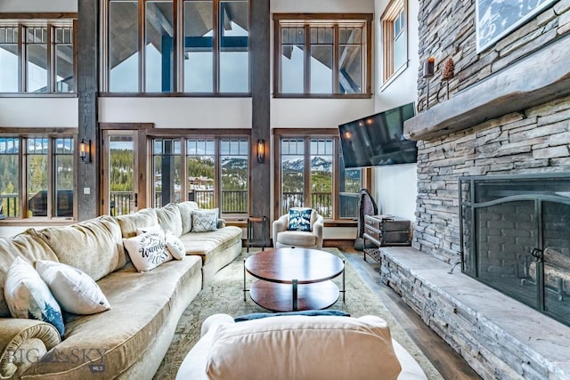 living room with a wealth of natural light, a fireplace, hardwood / wood-style floors, and a high ceiling