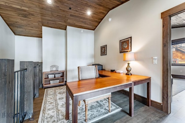 office featuring wood-type flooring, vaulted ceiling, and wooden ceiling