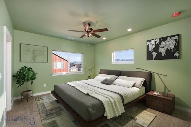 bedroom featuring ceiling fan, recessed lighting, carpet flooring, visible vents, and baseboards