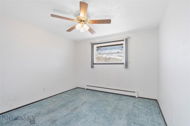 carpeted empty room featuring a textured ceiling, a baseboard radiator, and a ceiling fan