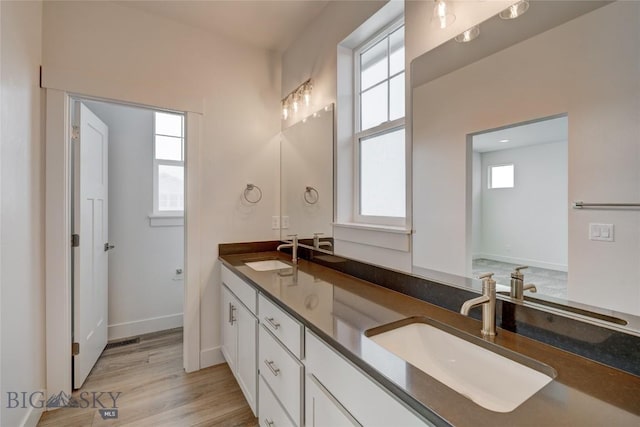 bathroom with hardwood / wood-style flooring and vanity