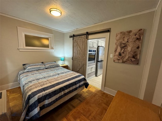 bedroom featuring stainless steel fridge, a barn door, ornamental molding, and light parquet floors