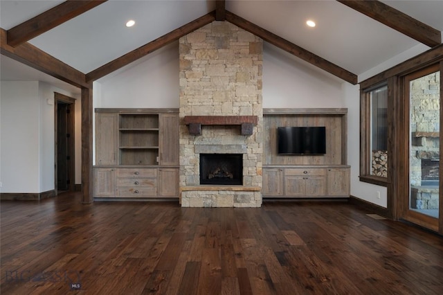 unfurnished living room with a fireplace, beam ceiling, high vaulted ceiling, and dark wood-type flooring