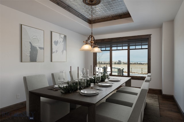 dining space featuring dark hardwood / wood-style flooring and a tray ceiling