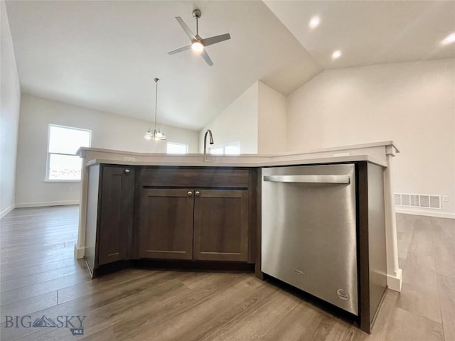 kitchen featuring dishwasher, high vaulted ceiling, dark brown cabinets, ceiling fan with notable chandelier, and light wood-type flooring