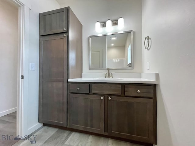 bathroom with vanity and wood-type flooring