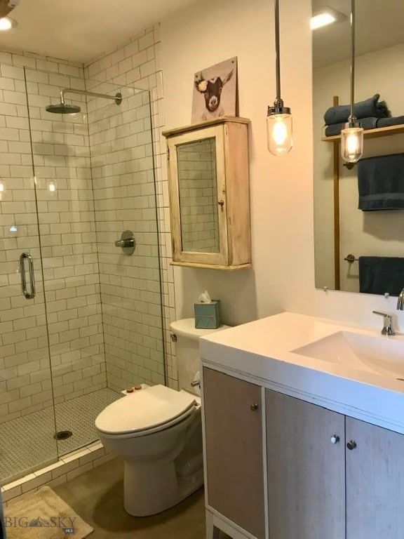 bathroom with a shower with door, vanity, and toilet