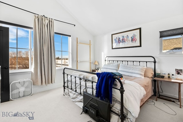 bedroom featuring carpet flooring and lofted ceiling