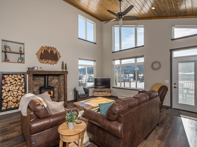 living room featuring dark hardwood / wood-style floors, a wood stove, a healthy amount of sunlight, and wood ceiling