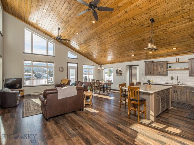 1880 Little Coyote, Big Sky, MT 59716 - living room with a ceiling fan, high vaulted ceiling, wood ceiling, a chandelier, and dark wood finished floors