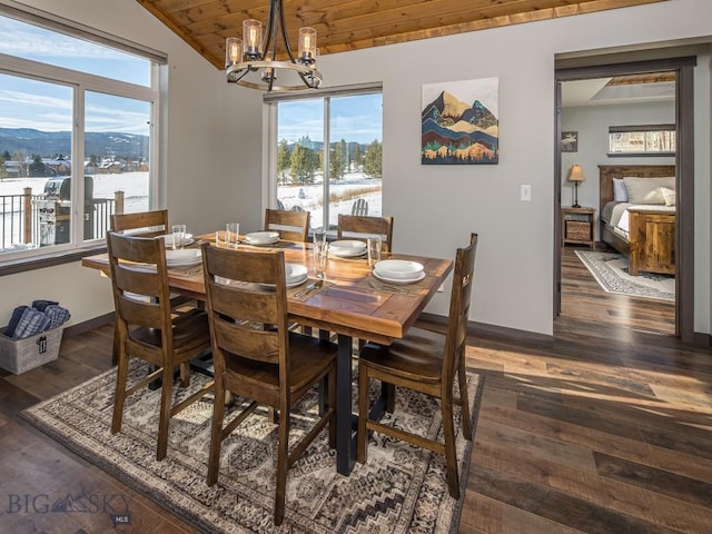 1880 Little Coyote, Big Sky, MT 59716 - dining room featuring a chandelier, dark wood-style flooring, wooden ceiling, plenty of natural light, and lofted ceiling