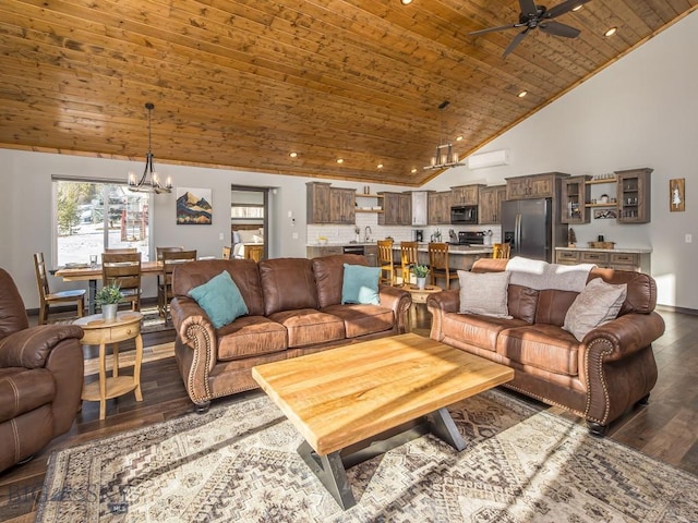 living room featuring dark hardwood / wood-style flooring, high vaulted ceiling, wood ceiling, and ceiling fan with notable chandelier