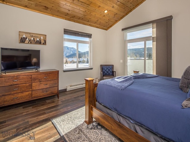 bedroom with multiple windows, a baseboard radiator, wooden ceiling, and dark hardwood / wood-style floors