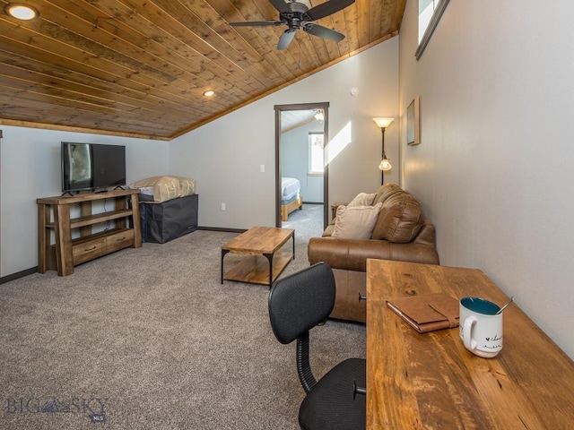 carpeted living room with ceiling fan, wooden ceiling, lofted ceiling, and ornamental molding