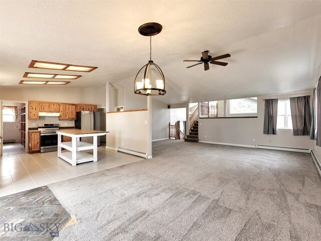 unfurnished living room with ceiling fan with notable chandelier, a textured ceiling, light carpet, and a baseboard radiator