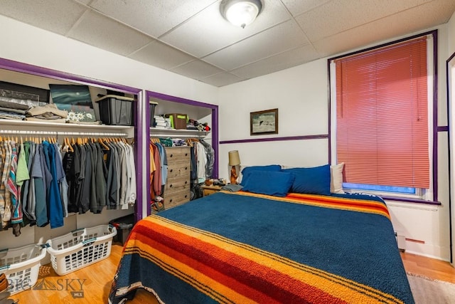 bedroom with a paneled ceiling, hardwood / wood-style flooring, and a closet