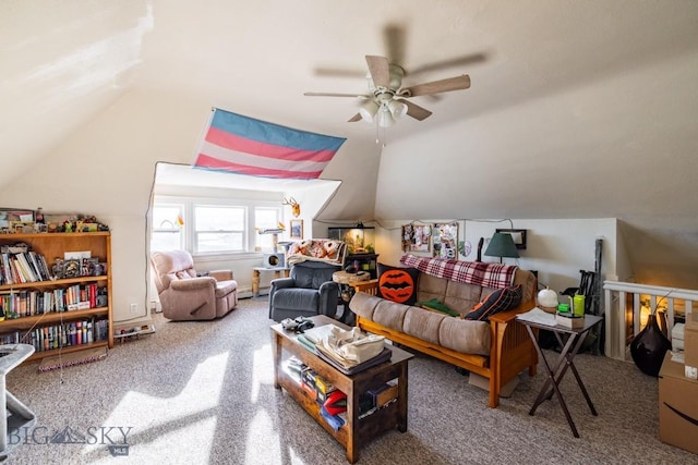 carpeted living room with vaulted ceiling and ceiling fan