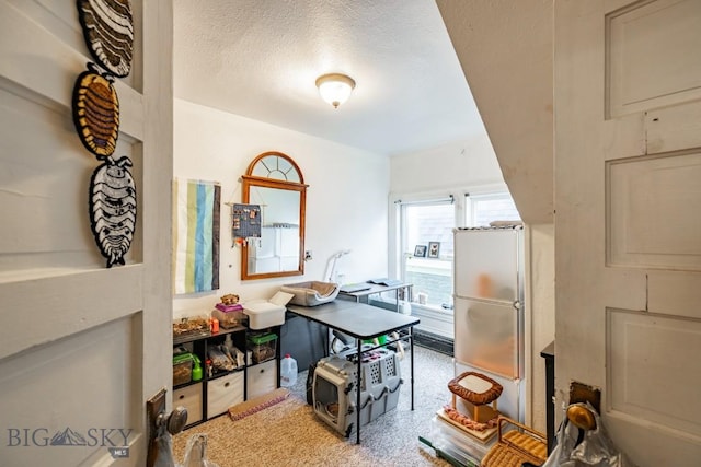 interior space featuring white fridge and a textured ceiling