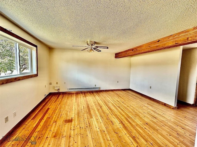 unfurnished room featuring light wood-type flooring, a textured ceiling, ceiling fan, a baseboard heating unit, and beam ceiling