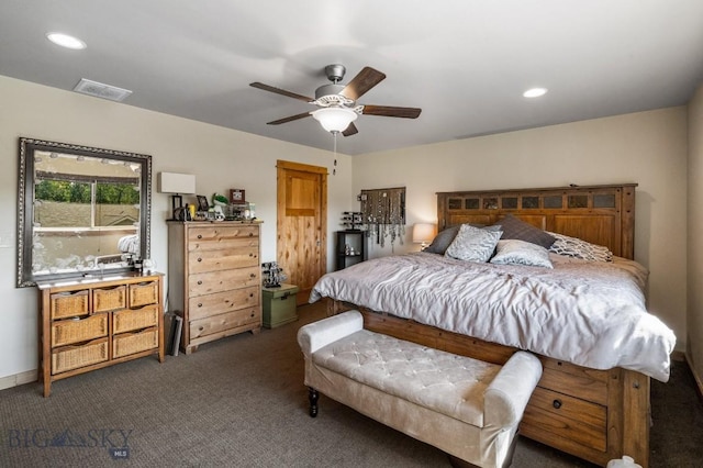 carpeted bedroom with ceiling fan