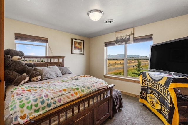 carpeted bedroom featuring multiple windows