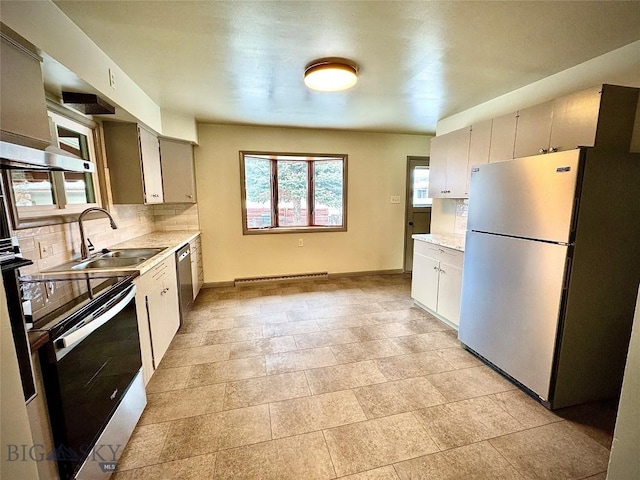 kitchen featuring backsplash, stainless steel appliances, white cabinetry, and sink