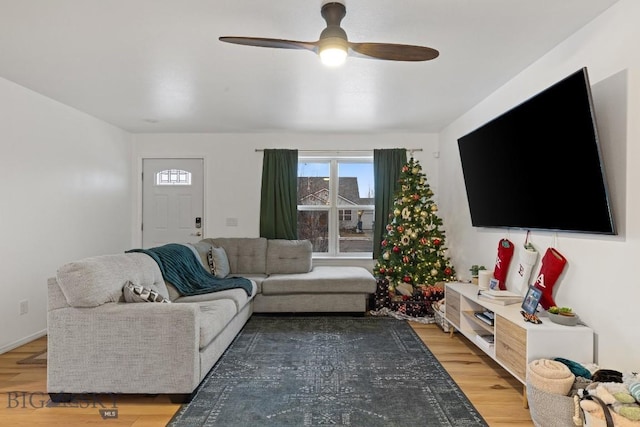 living room with hardwood / wood-style floors and ceiling fan