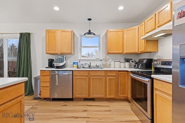 kitchen with stainless steel appliances, light hardwood / wood-style flooring, hanging light fixtures, and sink