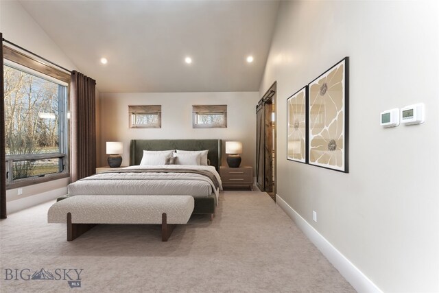 4807 Jordan Spur Rd, Bozeman, MT 59715 - bedroom featuring light colored carpet, lofted ceiling, and recessed lighting