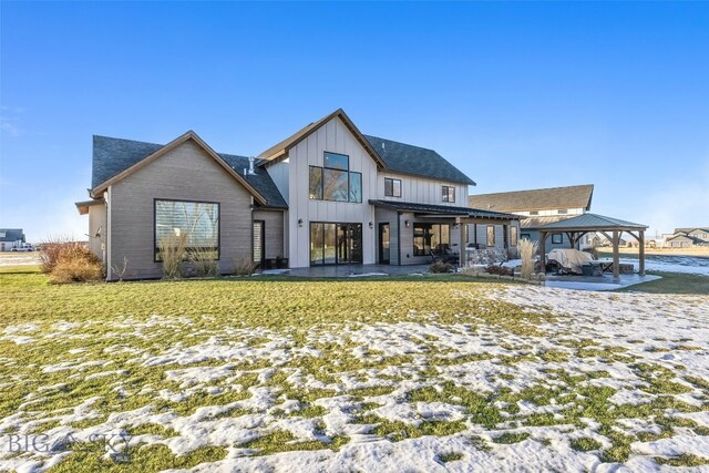 4807 Jordan Spur Rd, Bozeman, MT 59715 - snow covered property featuring a gazebo, board and batten siding, and a patio area