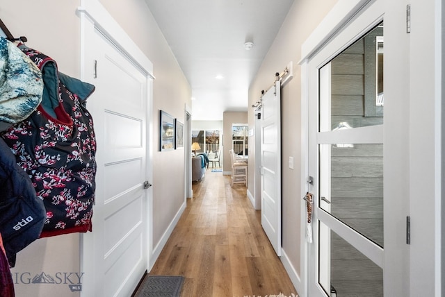 corridor with a barn door and light hardwood / wood-style floors